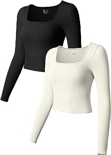 OQQ Women's 2 Piece Crop Tops Long Sleeve Square Neck Underscrubs Stretch Fitted Layer Tee Shirts Tops