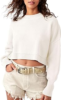 Women's Crewneck Cropped Fall Sweaters 2023 Long Sleeve Oversized Pullover Side Slit Ribbed Knit Jumper Tops