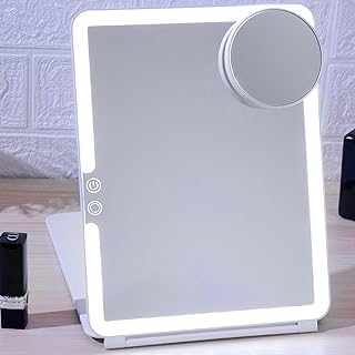 FUNTOUCH Rechargeable Travel Mirror Makeup Mirror, Portable Lighted Makeup Mirror with 10X Magnifying Mirror 3 Colors Light Modes, Touch Screen Dimming Folding Light Up Mirror for Travel, Cosmetic