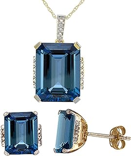 Silver City Jewelry 10K Yellow Gold 0.05 cttw Diamond Natural London Blue Topaz Octagon 8x6mm Earrings & 16x12mm Pendant Set