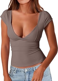 Trendy Queen Women's Sexy Deep V-Neck Backless Tops Short Sleeve Slim Fit T-Shirts Basic Y2K Tops Bustier Corset Cami