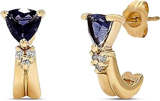 14k Yellow Gold Trillion Purple Iolite Genuine Gemstone and Diamond Earrings For Women.