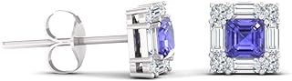 Diamondere Natural and Certified Princess Cut Gemstone and Diamond Halo Petite Earrings in 14K White Gold | 0.92 Carat Stud Earrings for Women