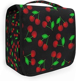 Fruit Cherry Leaves Pattern Print Travel Makeup Bag Hanging Toiletry Pouch Organizer Portable Handbag Cosmetic Case Brush Holder for Women Girls