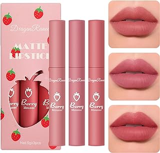 3 Piece Nude Matte Lipstick Set,Natural Nude Lipstick Velvet Air Moisture Smooth Crayon Lip Stain,Matte Lipstick 24 Hour Superstay,Long Lasting Waterproof Lip Gloss Lipstick for Women Makeup(Set C)