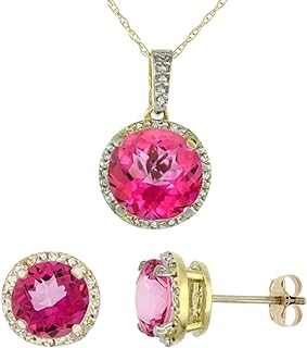 Silver City Jewelry 10K Yellow Gold Diamond Natural Pink Topaz 7mm Earrings & 11mm Pendant Round Set