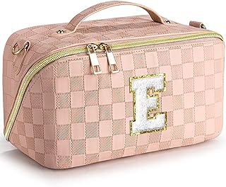TOPEAST Makeup Bag for Women, Initial Travel Cosmetic Bag Makeup Toiletry Bag Waterproof Cute Letter Make Up Pouch with Adjustable Strap, Personalized Gift for Mom Friends Sister Bridesmaids, E