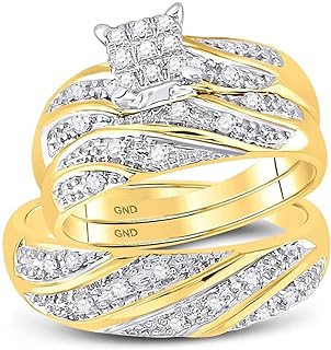 14k Yellow and White 2 Two Tone Gold Mens and Ladies Couple His & Hers Trio 3 Three Ring Bridal Matching Engagement Wedding Ring Band Set - Round Diamonds - Princess Shape Center Setting (1/4 cttw) - 
