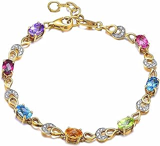 Carleen 14K Solid Yellow Gold 3.6cttw Multicolored Rainbow Aquamarine Peridot Citrine Sapphire Garnet Blue Topaz Amethyst Dainty 0.18cttw Diamond Tennis Bracelet Jewelry For Women Girls, 7" + 1.2"