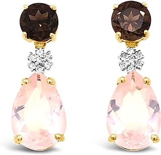 10K Yellow Gold Smoky And Rose Quartz Gemstone And Diamond 1/10 Ct Dangle Earrings For Women.
