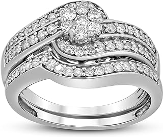 Jewelili Sterling Silver 3/4 Cttw Natural White Round Diamond Flower Bridal Wedding Set Ring, Size 7