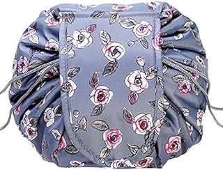 DeerHope Drawstring Makeup Bag,Magic Cosmetic Pouch Bag Drawstring,Lay Flat Waterproof Travel Makeup Organizer Pouch(Rose)