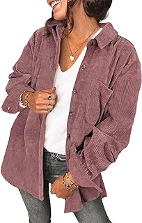 Saslax Womens Corduroy Shirt Long Sleeve Oversized Button Up V Neck Blouses Tops Loose Shacket Jacket