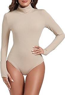 Vrtige Women's Elegant Turtleneck Ribbed Knit Long Sleeve Leotard Bodysuit Jumpsuit Top
