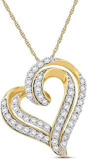 Jewelili 10K White or Yellow Gold Natural White Round and Baguette Cut Diamonds Heart Pendant Necklace 18" Rope Chain