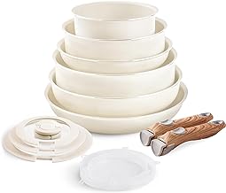 Nonstick Cookware Set - 13 PCS Stackable Pots and Pans Set Detachable Handle Camping Cookware, Granite Kitchen Cookware Sets Removable Handle, Non Toxic Nonstick Frying Pans for Cooking Set Gift Beige