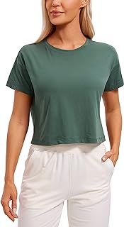 CRZ YOGA Women's Pima Cotton Workout Short Sleeve Shirts Loose Crop Tops Athletic Gym Shirt Casual Cropped T-Shirt