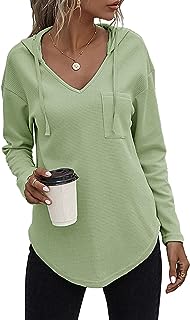 morhuduck Women's V Neck Hoodies Long Sleeve Sweatshirt Drawstring Pullover Tops with Pocket