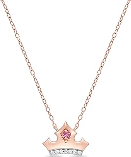 Jewelili Enchanted Disney Fine Jewelry 10K Rose Gold 1/20 CTTW Diamond and Pink Topaz Aurora Tiara Necklace