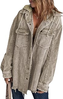 Dokotoo Womens 2023 Fall Corduroy Shacket Jacket Long Sleeve Button Down Color Block Hooded Coat with Pockets