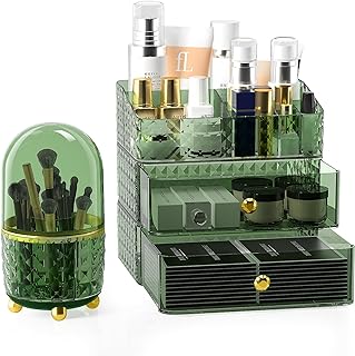 Makeup Organizer with Brush Holder,Cosmetics Display Case with Drawers,Cosmetics Organizer Makeup Storage Box (Green)