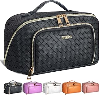 ZAUKNYA Travel Makeup Bag - Cosmetic Bag, Makeup Bag for Women Waterproof Portable Open Flat with Divider and Handle Large Capacity Travel Cosmetic Bag Toiletries Make Up Bag Organizer(Black)