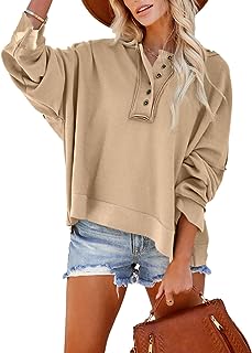 Women's V Neck Button Down Long Sleeve Crop Hoodies Loose Pullover Hooded Sweatshirts Tops