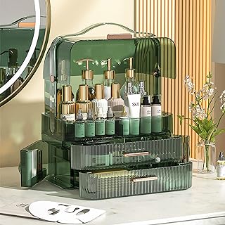 LINFIDITE Cosmetics Storage Box Transparent Lid Large Makeup Organizer Box Drawers Portable Handle Waterproof Dustproof Skincare Display Cases for Countertop, Bathroom, Dresser,Gift Clear Green