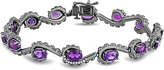 Jewelili Enchanted Disney Fine Jewelry Black Rhodium over Sterling Silver 6x4 MM Oval Shape Amethyst and 1/5 Cttw Natural White Round Diamond Ursula Bracelet