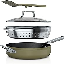 Ninja CW102GN Foodi NeverStick PossiblePan, Premium Set with 4-Quart Capacity Pan, Steamer/Strainer Basket, Glass Lid & Integrated Spatula, Nonstick, Durable & Oven Safe to 500°F, Olive Green