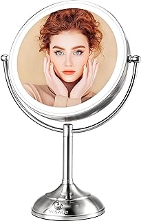 VESAUR 10" Large and 17" Tall Lighted Makeup Mirror, 1X 7X Double Sided Magnifying Vanity Mirror with Lights, 3 Colors Dimmable, 360° Rotation Cosmetic Light up Mirror,Senior Pearl Nickel Women Gift