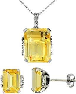 Silver City Jewelry 10K White Gold 0.05 cttw Diamond Natural Citrine Octagon 8x6mm Earrings & 16x12mm Pendant Set