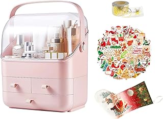 SUNFICON Makeup Organizer Holder Cosmetic Storage Box with Dust Free Cover 50PCS Shiny Christmas Stickers 500PCS Clear Golden Christmas Stickers Tags 1 Christmas Stocking Gift Pink