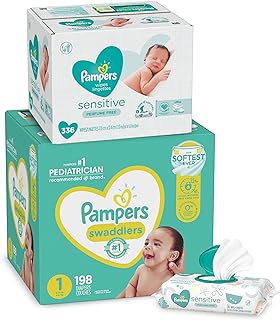 Diapers Size 1, 198 Count and Baby Wipes - Pampers Swaddlers Disposable Baby Diapers and Water Baby Wipes Sensitive Pop-Top Packs, 336 Count (Packaging May Vary)