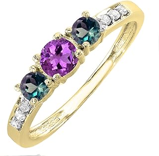 Dazzlingrock Collection Round Amethyst & Lab Created Alexandrite with White Diamond Three Stone Engagement Ring for Her in 14K Gold