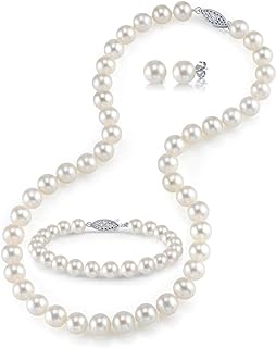 The Pearl Source Sterling Silver Pearl Jewelry Set for Women - Freshwater Pearl Necklace and Earring Set with Pearl Bracelet | Genuine Cultured Pearls, 6.5-10.0mm