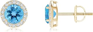 ANGARA Natural Swiss Blue Topaz Halo Earrings for Women Girls in 14K Solid Gold/Platinum | December Birthstone Jewelry Gift for Her | Birthday | Wedding | Anniversary