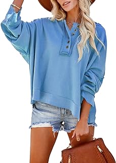 Women's V Neck Button Down Long Sleeve Crop Hoodies Loose Pullover Hooded Sweatshirts Tops