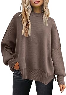 LILLUSORY Women's Crewneck Batwing Long Sleeve Sweaters 2023 Fall Oversized Ribbed Knit Side Slit Pullover Tops