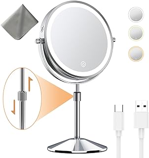 BYNIUA 8” Lighted Makeup Mirror 2000mAh Rechargeable Double Sided Magnifying Vanity Mirror 1x/10x 360° Rotation Touch Screen Vanity Mirror 3 Colors Adjustable Cosmetic Light up Mirror