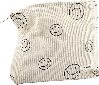 Makeup bag for Women, Corduroy Cosmetic Bag Aesthetic Design Ladies Tote Bag, Pencil Case for Girls, Cute Smiley Face Makeup Organizer with Zipper - Beige
