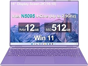 Ruzava/Aocwei 16" Laptop 12+512GB Celeron Intel N5095 (Up to 2.9Ghz) 4-Core Win 11 PC with Cooling Fan 1920 * 1200 2K Screen Dual WiFi Support 2.5" HDD 1TB SSD Expand for Game Work Study-Purple