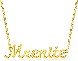 MRENITE 10k 14k 18k Solid Yellow Gold/White Gold/Rose Gold Personalized Name Necklace with Gold Cuban Chain – Dainty Nameplate Jewelry - Custom Any Name Gift for Her Women Men