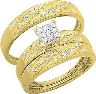 Dazzlingrock Collection Round White Diamond 9 Stone Engagement Trio Ring Set for Him & Her (0.28 ctw, Color I-J, Clarity I1-I2) in 14K Gold