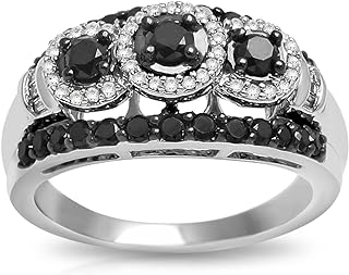 Jewelili 10K White Gold 1.0 Cttw Treated Black Round and Natural White Round and Baguette Diamonds Three-Stone Ring