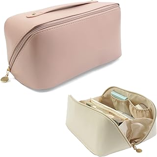 S-SNAIL-OO Upgrade Large-capacity Travel Cosmetic Bag, Women Pu Leather Waterproof Portable Cosmetic Bag with Handle, Storage Bag for Place Skin Care Products, Jewelry, Sundries. (Pink)