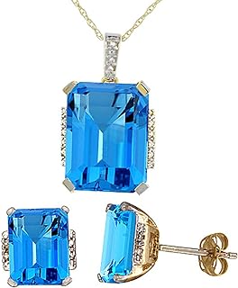 Silver City Jewelry 10K Yellow Gold 0.05 cttw Diamond Natural Swiss Blue Topaz Octagon 8x6mm Earrings & 16x12mm Pendant Set