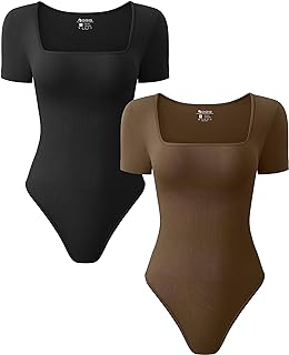 OQQ Women's 2 Piece Bodysuits Sexy Ribbed One Piece Square Neck Short Sleeve Bodysuits