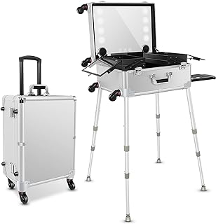 GCCSJ Aluminum Trolley Makeup Train Case with 8 LED Light 21'' Rolling Cosmetic Organizer Studio Speaker Make up Artist Free Standing Box with Stand Mirror Makeup Vanity Station for Travel (Silver)