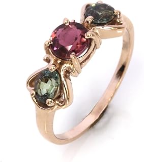 Jewelry by ARSA Solid 14k Rose Gold Ring for Women Set with Natural 0.5 ctw Color Change Alexandrites & 0.8 ct Pink Tourmaline - 3 Stone Anniversary Band 7 mm - Handcrafted in USA - June Birthstone